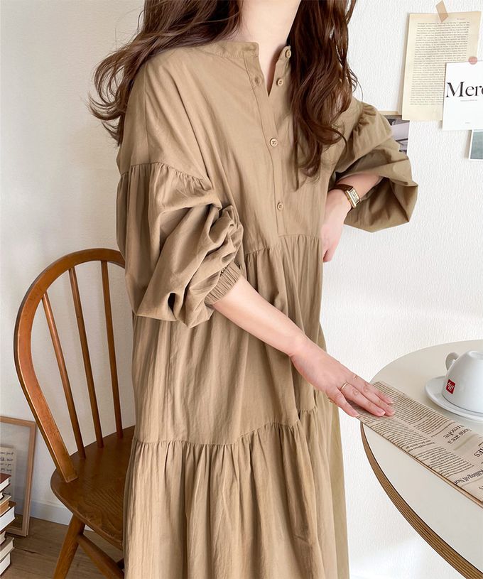 日本 Classical Elf - 百搭分層襯衫領大寬袖洋裝-摩卡