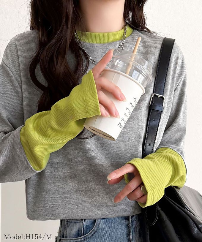 日本 Classical Elf - 時尚配色袖羅紋長袖上衣(指孔設計)-咖啡x水藍