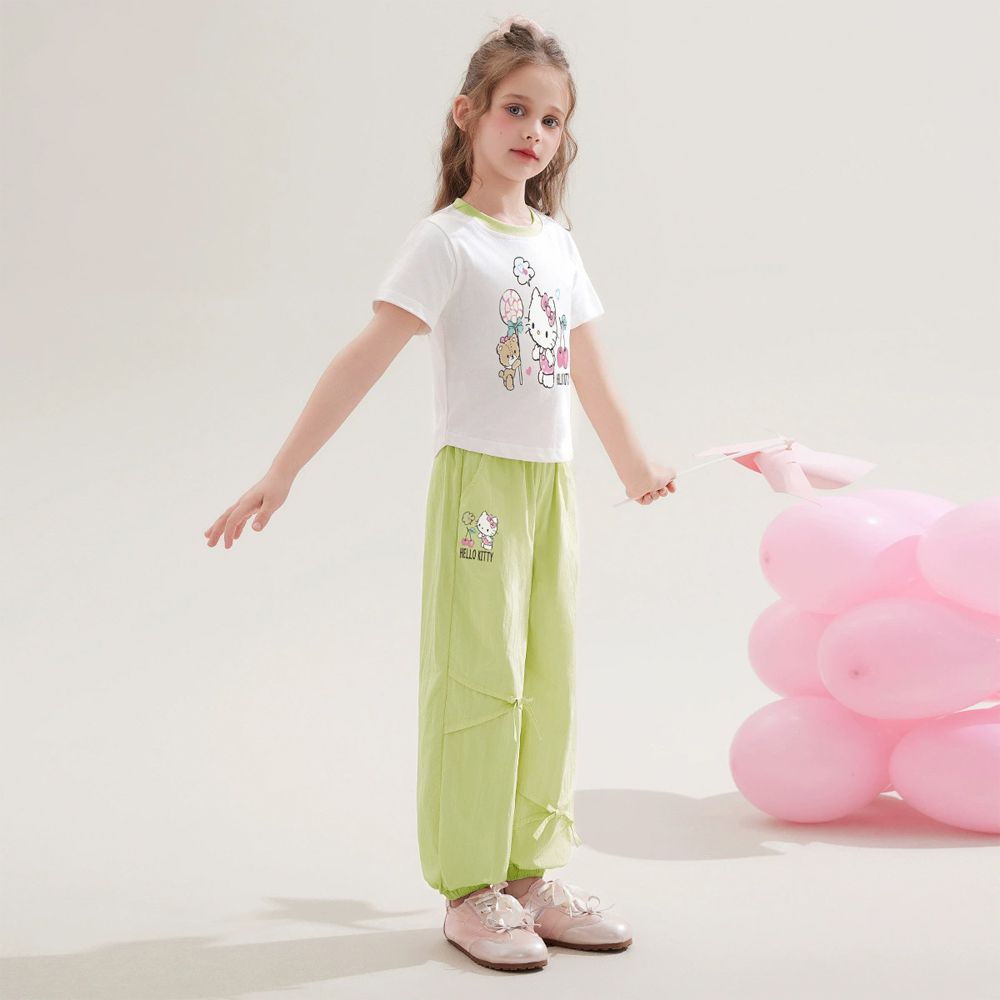純棉圓領短袖上衣+蝴蝶結長褲套裝-卡通人物Hello Kitty-綠色