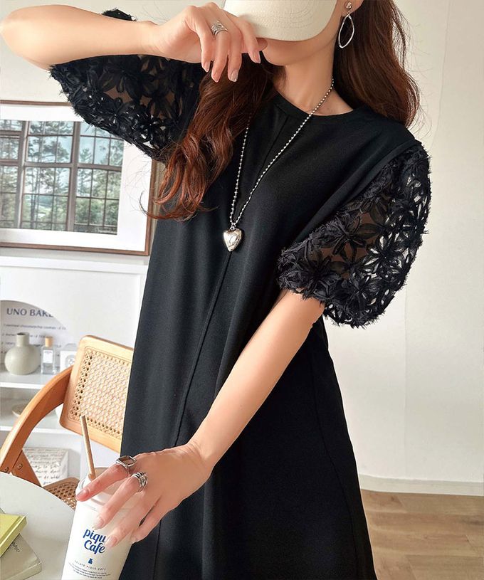 日本 Classical Elf - 夢幻薄紗緹花泡泡袖洋裝-黑x灰藍