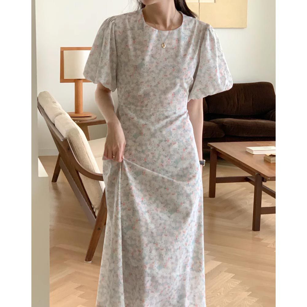 韓國女裝連線 - 花漾修身綁帶公主袖洋裝-天藍底-白花 (FREE)