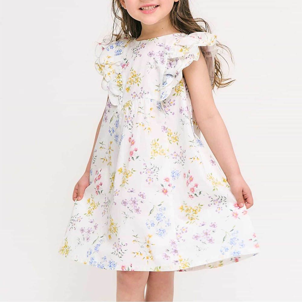 層次荷葉邊夏日印花短袖洋裝-繽紛花朵-白