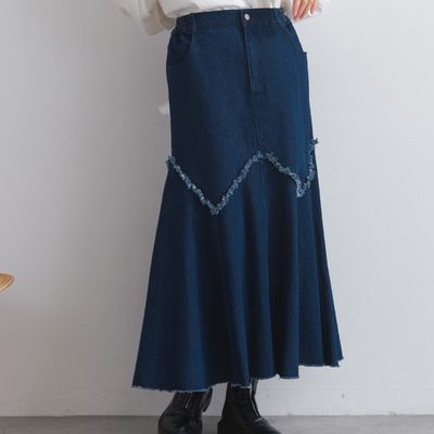 日本 Lupilien - 10oz修身V型魚尾丹寧長裙-海軍藍