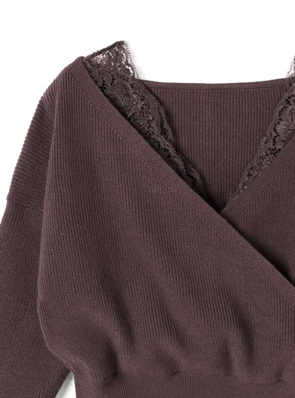 日本 GRL - 蕾絲V領縮腰針織上衣-可可棕