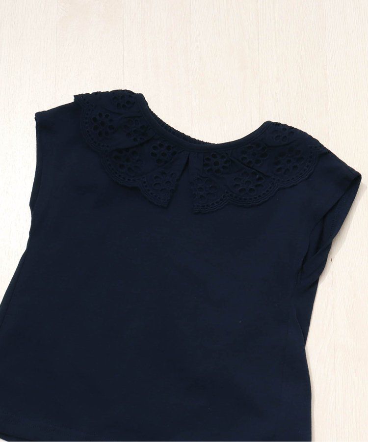 日本 apres les cours - 雕花蕾絲領短袖上衣-深藍