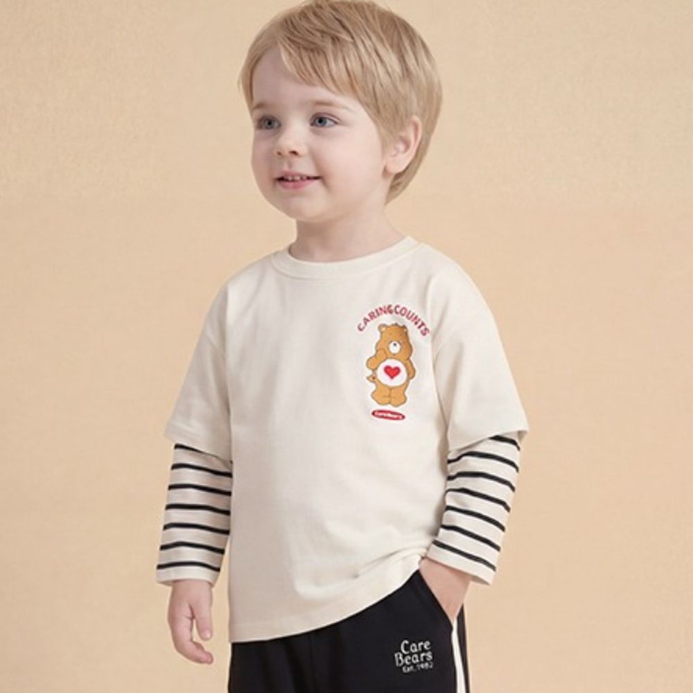 聯名款愛心熊條紋拼接長袖上衣-白