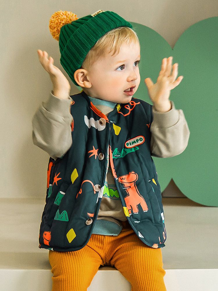 韓國Pimpollo - 手繪風自信恐龍保暖背心-灰