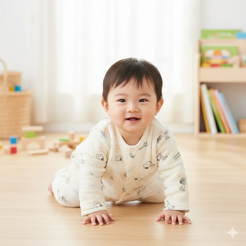 長袖兔裝-史努比 造型屁屁 方格絎縫-米白色