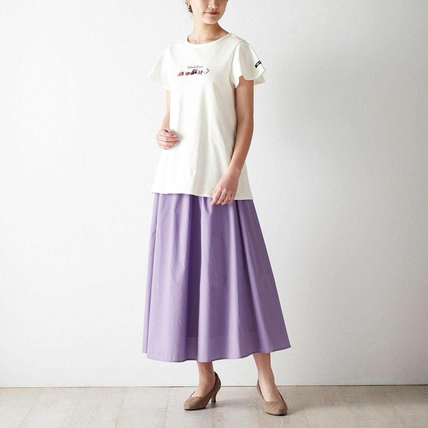 日本千趣會 - 迪士尼印花荷葉袖上衣(大人款)-米妮-白