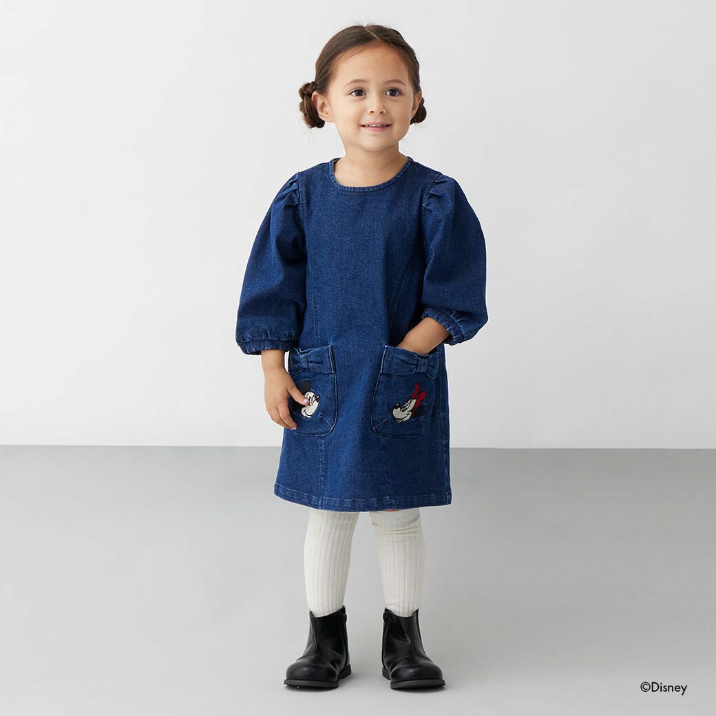 日本 petit main - 聯名款 俏麗蝴蝶結口袋長袖洋裝-丹寧藍