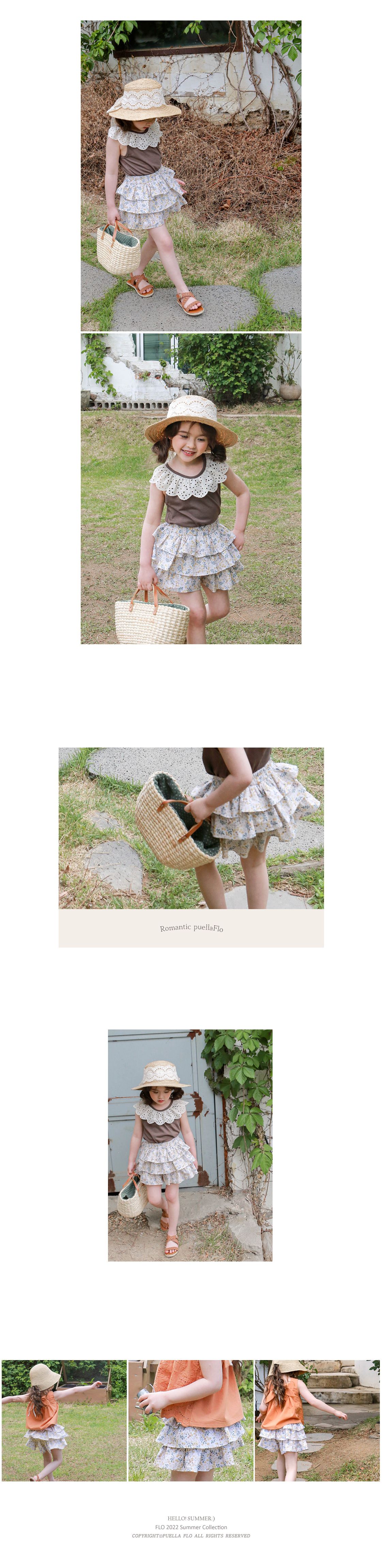 韓國 Puellaflo - 碎花三層蛋糕褲裙-黃花(杏底)