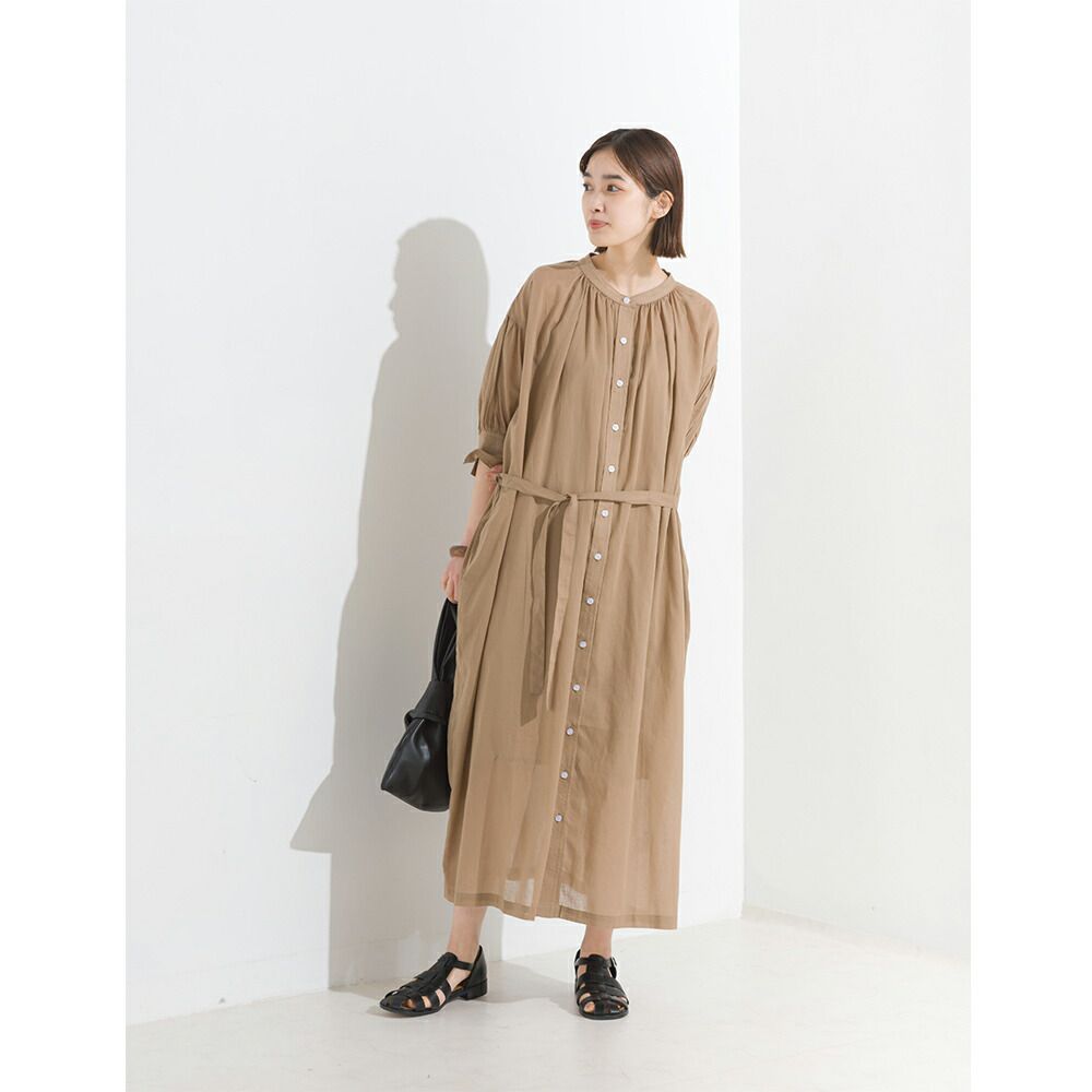 日本 OMNES - 文藝排扣綁帶氣球袖洋裝-可可