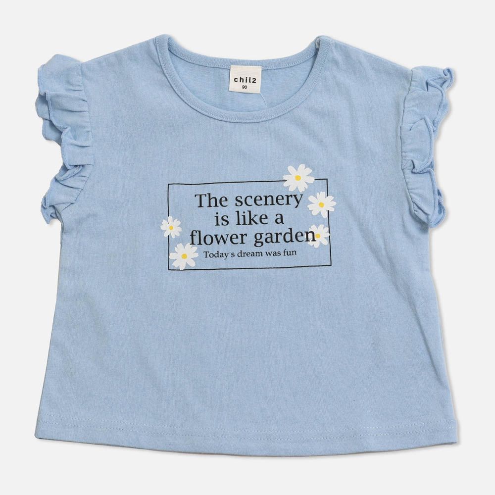 100%棉 荷葉邊女孩印花短袖上衣-英文logo-水藍