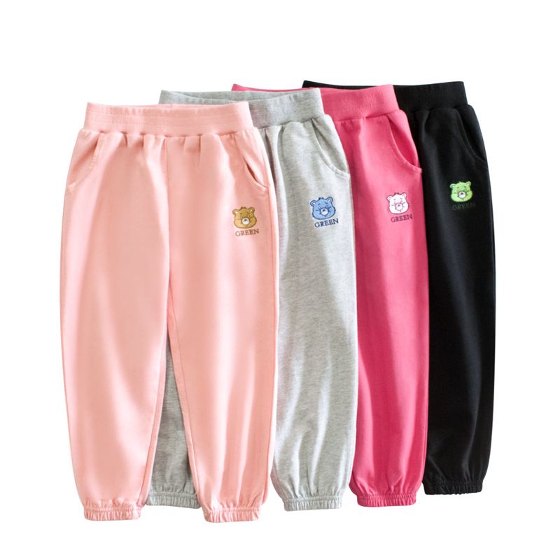 純棉腰鬆緊休閒束口長褲-熊熊-黑色