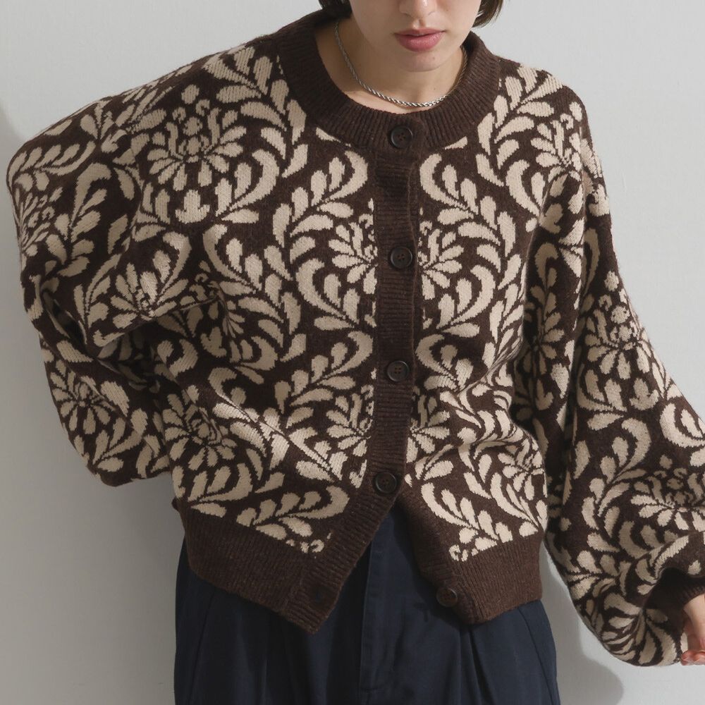 盛開花卉針織寬袖開襟衫/外套-咖啡