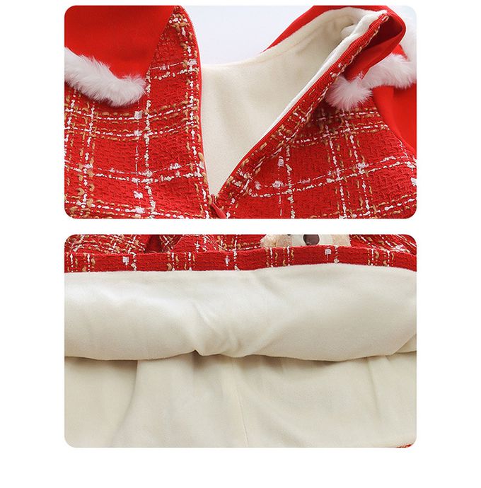 加厚翻領格紋連身裙-立體熊熊-紅色