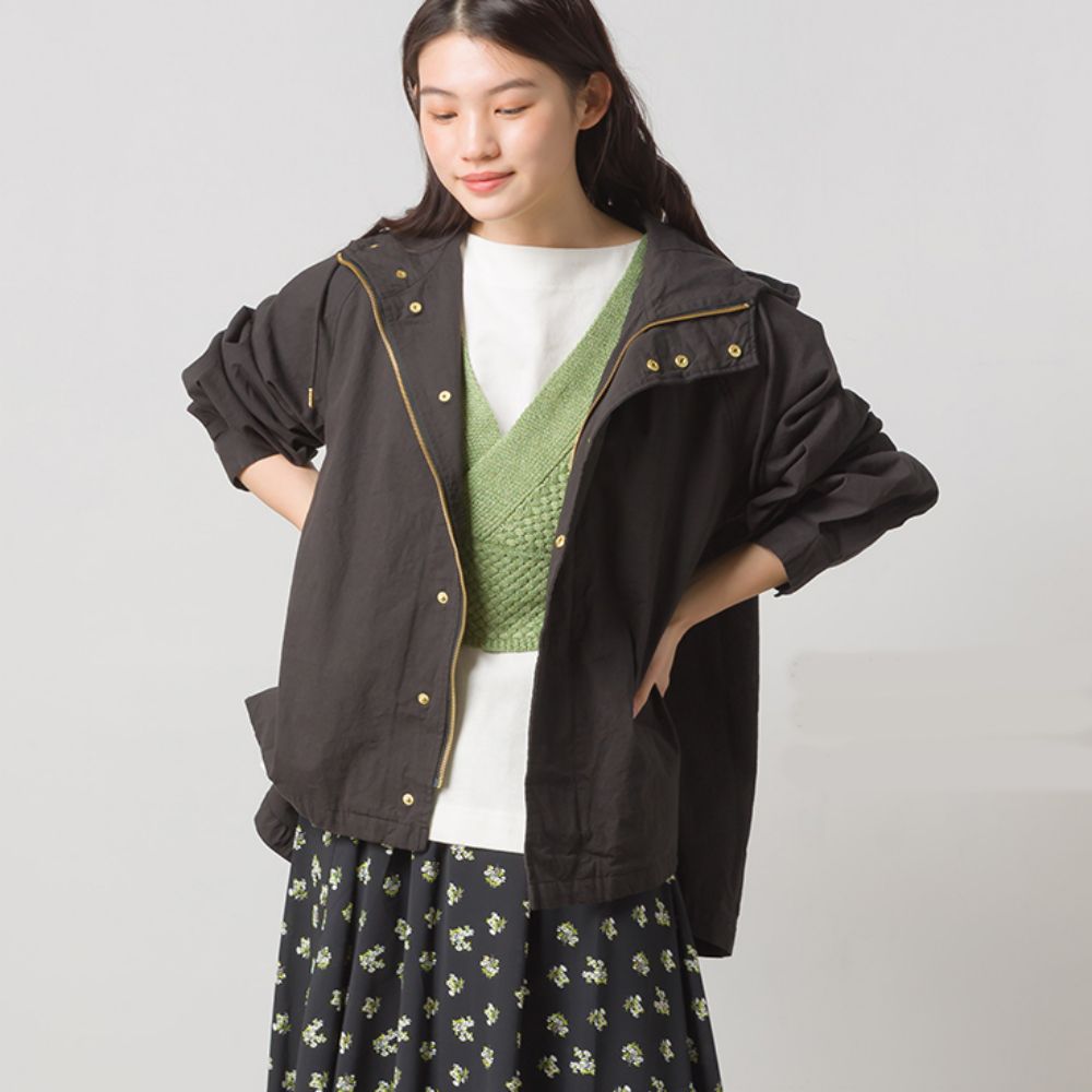 日本 OMNES - 純棉刷舊連帽風衣外套-時尚黑