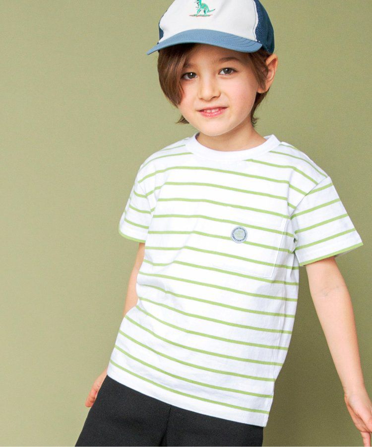 日本 BREEZE - 百搭舒適圓領短袖上衣-條紋-萊姆綠