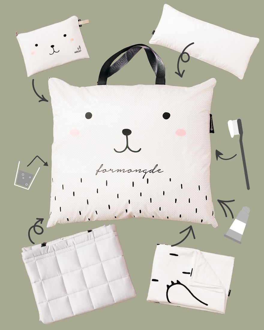 韓國 Formongde - 睡袋5件組(air mesh 睡墊+顆粒被)-三角企鵝-睡墊1, 顆粒被1, 枕芯1, 睡袋收納袋1, 萬用收納袋1