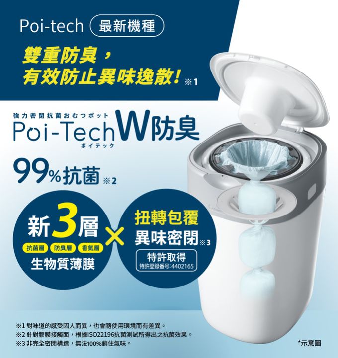 日本 Combi - Poi-Tech雙重防臭尿布處理器-棉花白-+膠捲3入