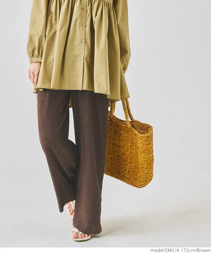 日本 COCA - [可剪裁] 楊柳細褶百搭長褲-淺藍