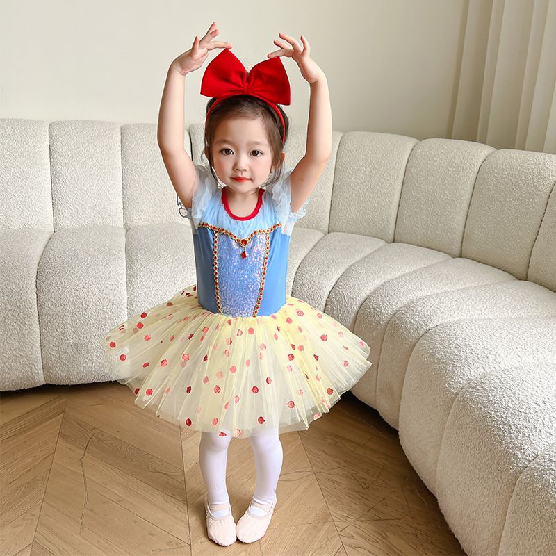 短袖造型公主裙/芭蕾舞裙-圓點寶石-藍+奶油黃