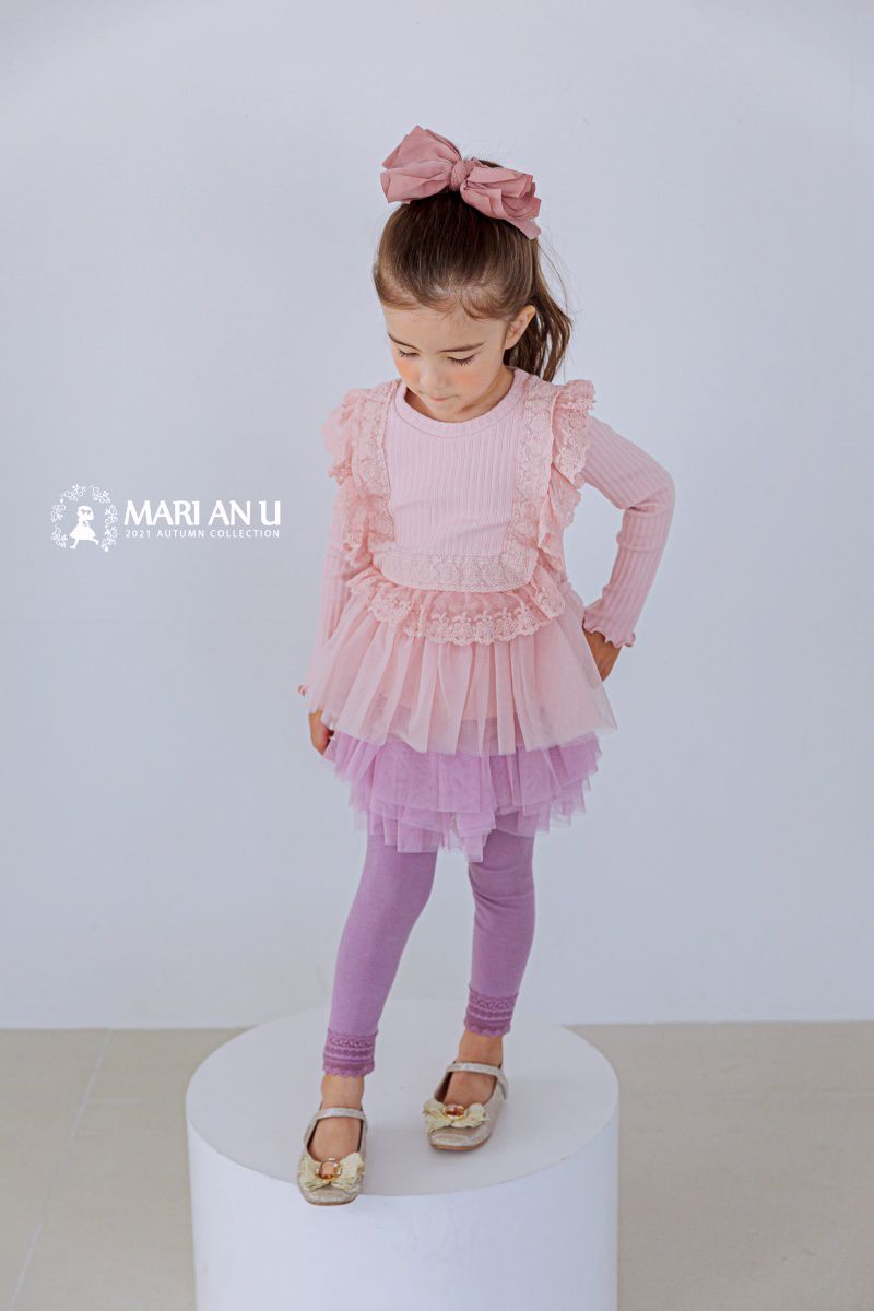 韓國 Mari an u - 荷葉蕾絲滾邊針織網紗拼接上衣-粉紅