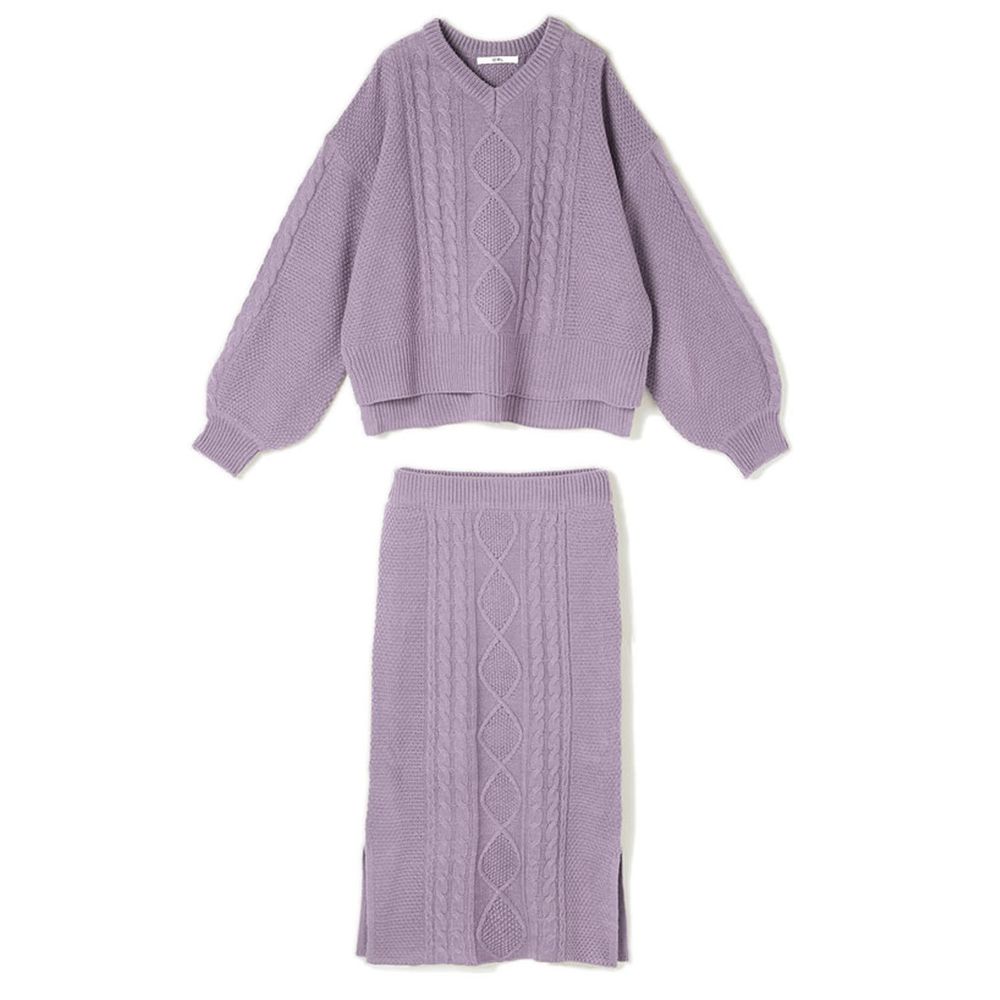 日本 GRL - V領針織毛衣x開衩針織長裙2件組-紫