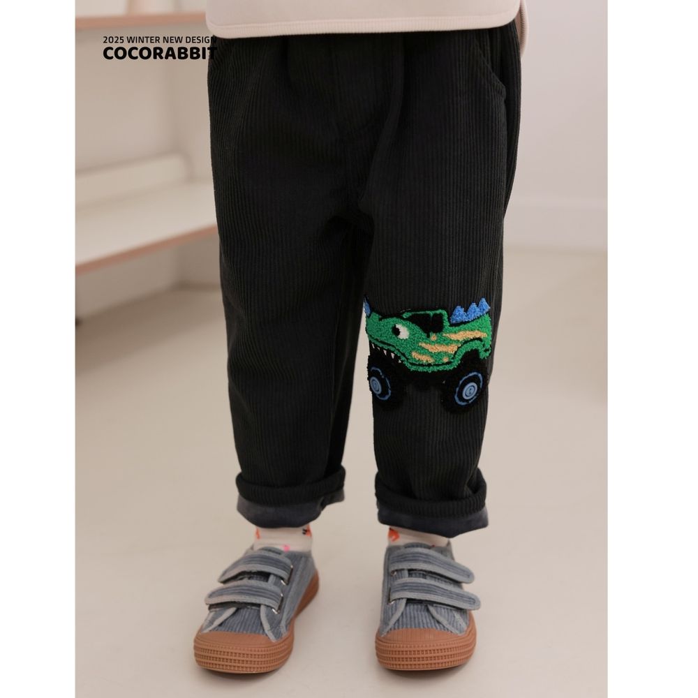 Coco rabbit (內刷毛)鬆緊腰休閒長褲-毛絨恐龍車車-墨黑