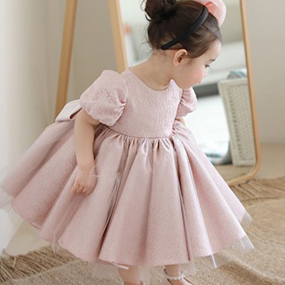 粉色蕾絲公主袖小禮服