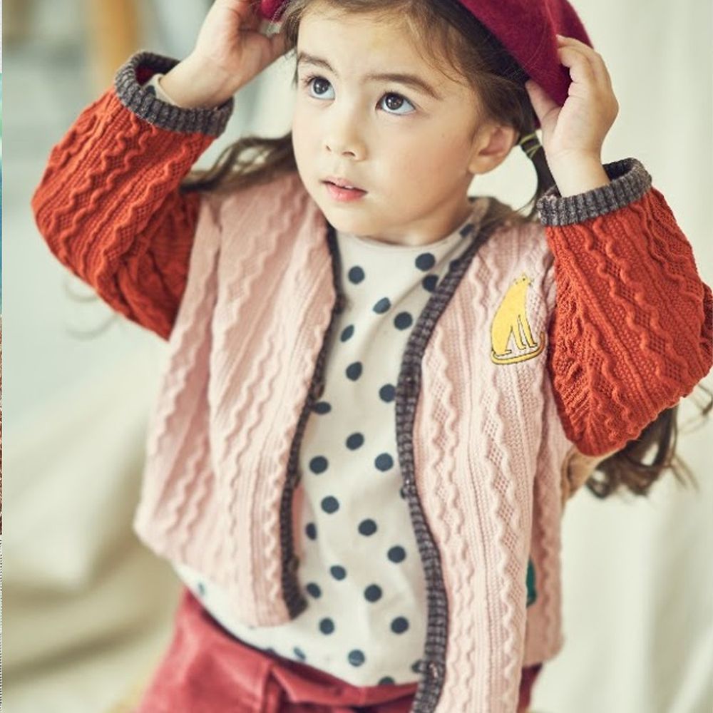 韓國 Mimico - 波紋拼色針織外套-粉紅X紅X粉橘