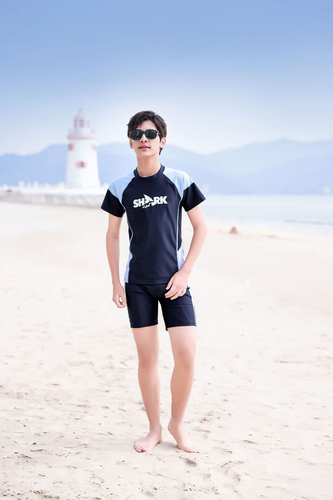 大童男孩短袖泳衣套裝(二件組)-SHARK-黑色-泳衣、泳褲