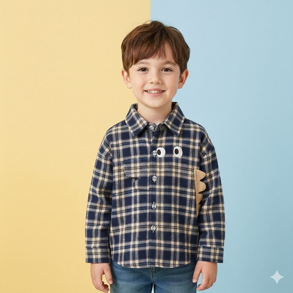 萌趣立體造型長袖襯衫-恐龍-藏青格紋