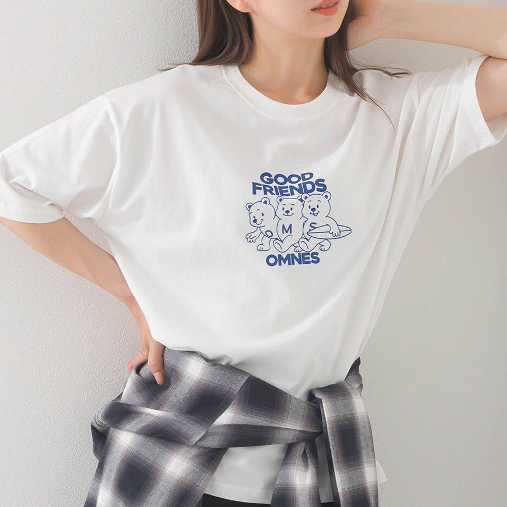 純棉印花休閒短袖上衣-小熊好朋友-白 (M)