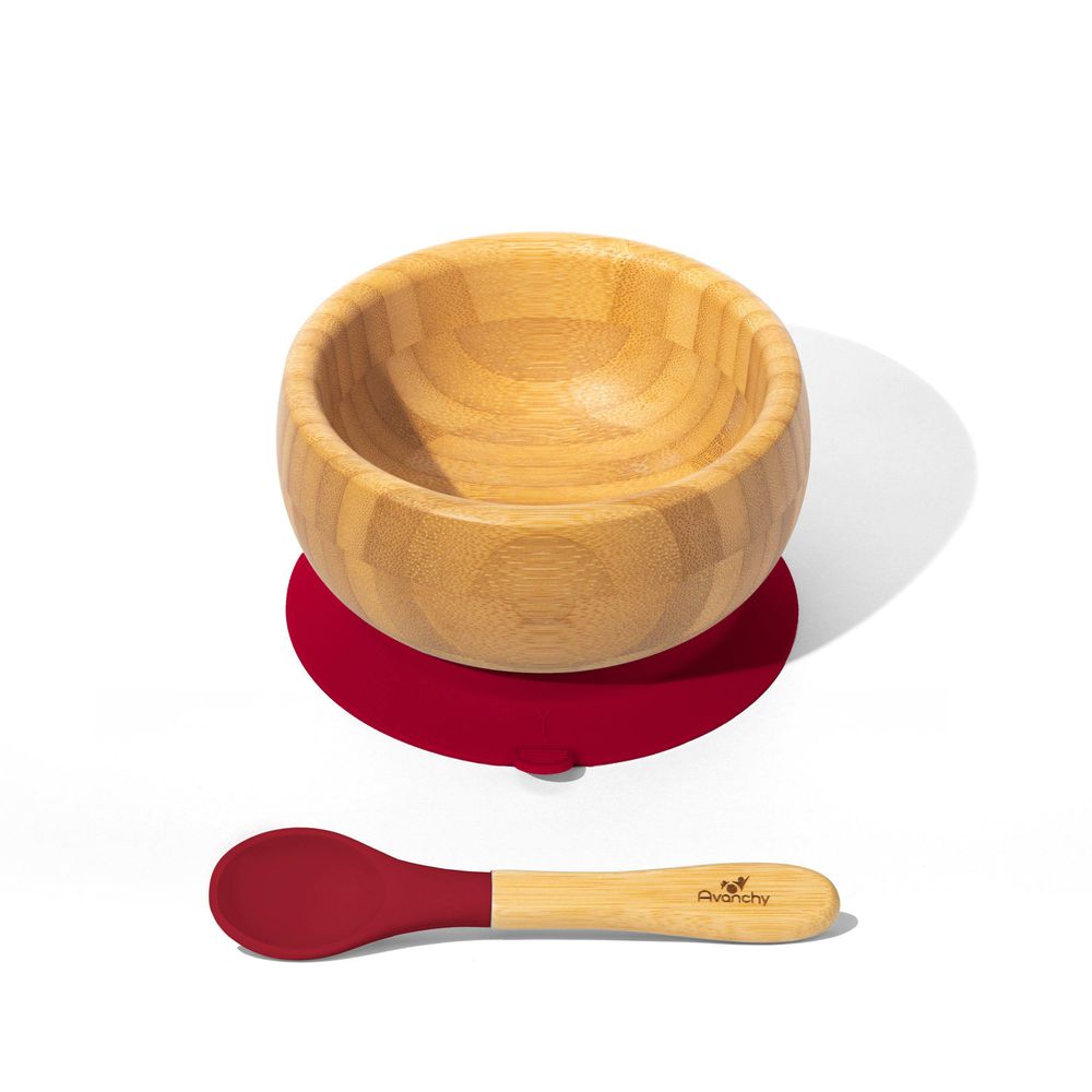 Avanchy - 有機竹製吸盤式餐碗套裝-附有機竹製矽膠湯匙-短柄-深紅