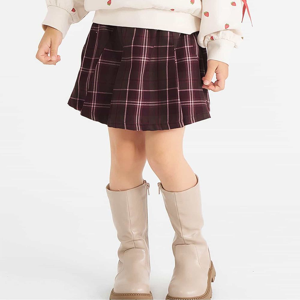 甜美學院風百褶寬版短褲-格紋-深紅棕