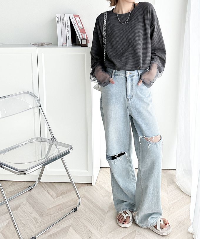 日本 Classical Elf - 寬鬆感薄紗拼接長袖上衣-指孔設計-黑