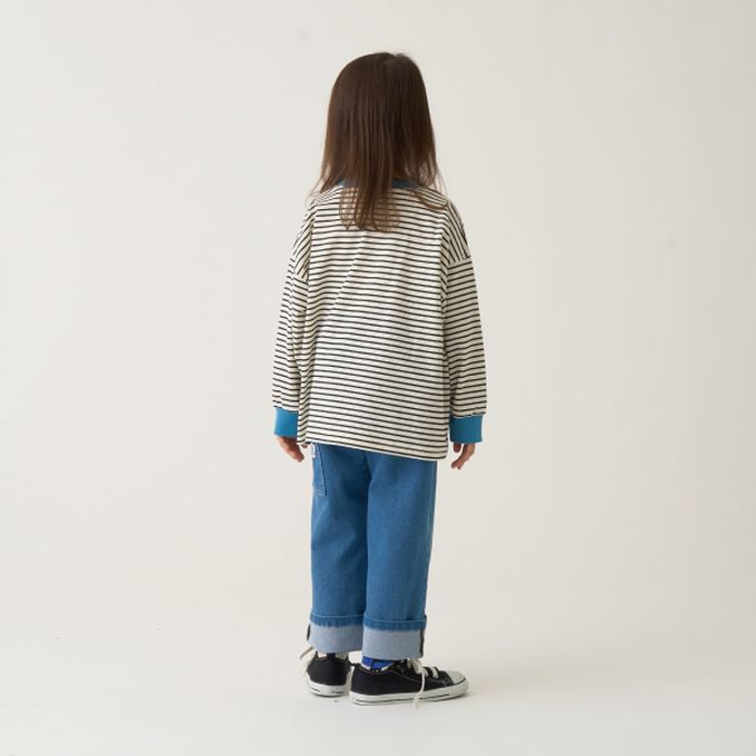 日本 b-ROOM - 不易變形定番條紋長袖上衣-水藍x灰
