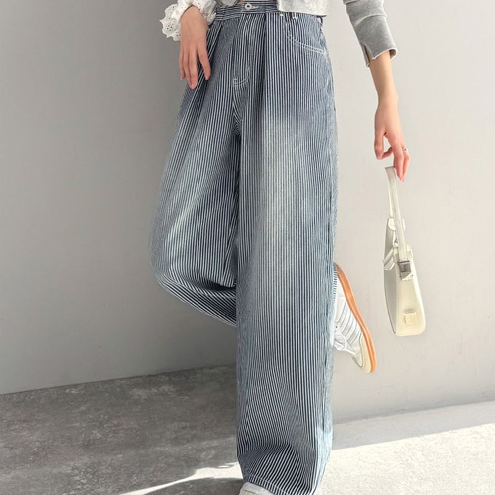 mily bilet 復古條紋刷色寬鬆廓形丹寧褲-海軍藍