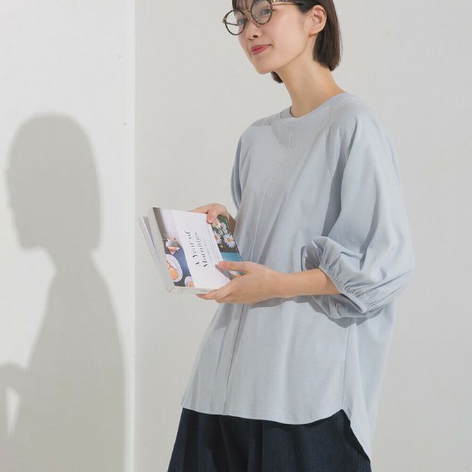 日本 OMNES - 抗透汗 薄透氣球七分袖上衣-水藍