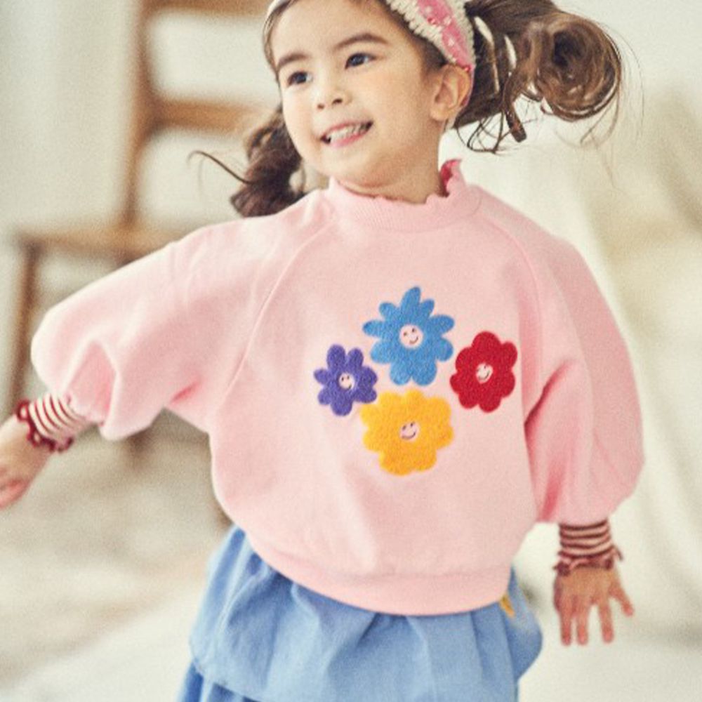 韓國 Mimico - 微笑四色花朵泡泡袖T-粉紅