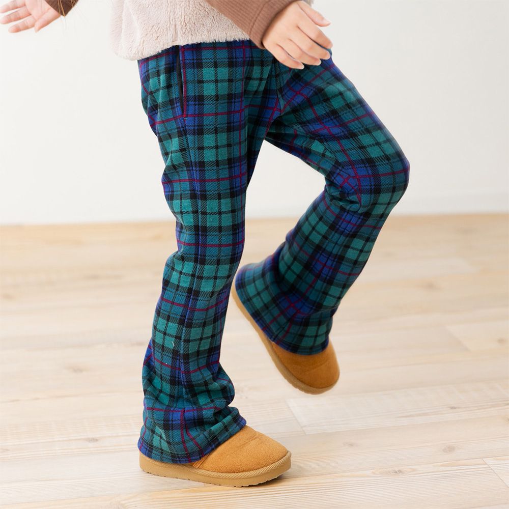 保暖內刷毛微喇叭彈力長褲-經典格紋-藍綠