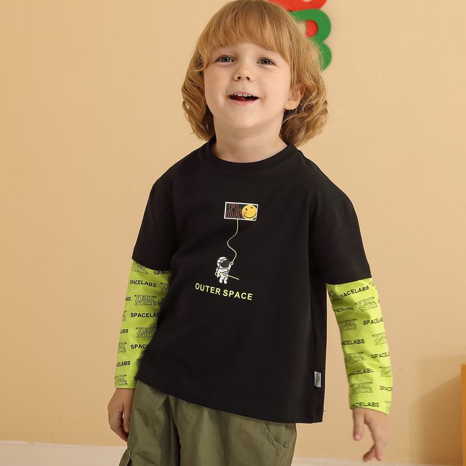 圓領假兩件長袖上衣-漂浮太空人-黑+螢光綠色