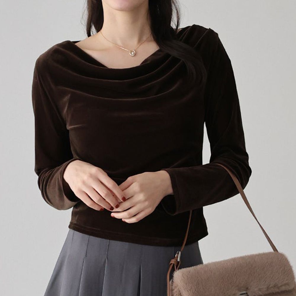 優雅絲絨垂墜感皺摺長袖上衣-深咖啡 (M)