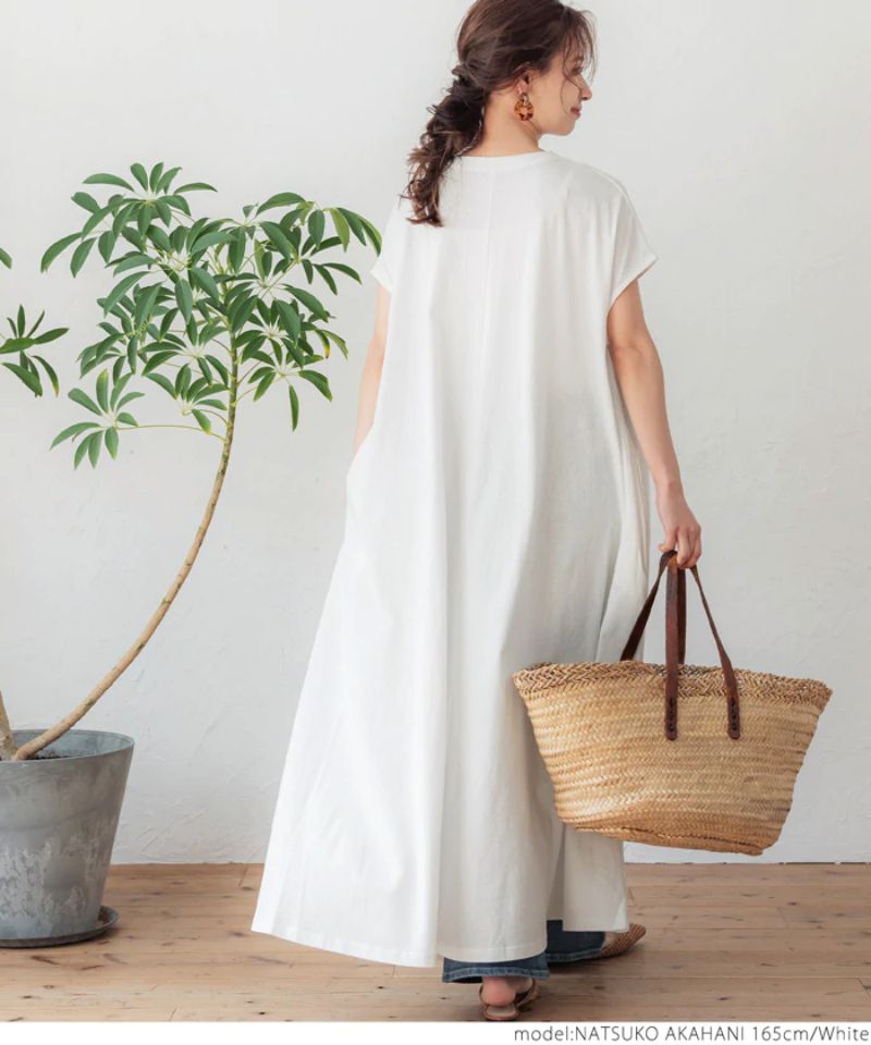 日本 COCA - 純棉寬鬆A字短袖長洋裝-白
