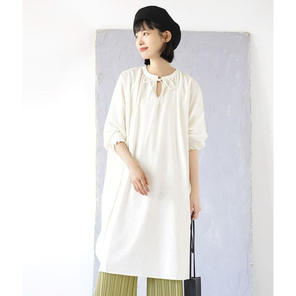 日本 zootie - 2way麻料混紡束口七分袖洋裝-白