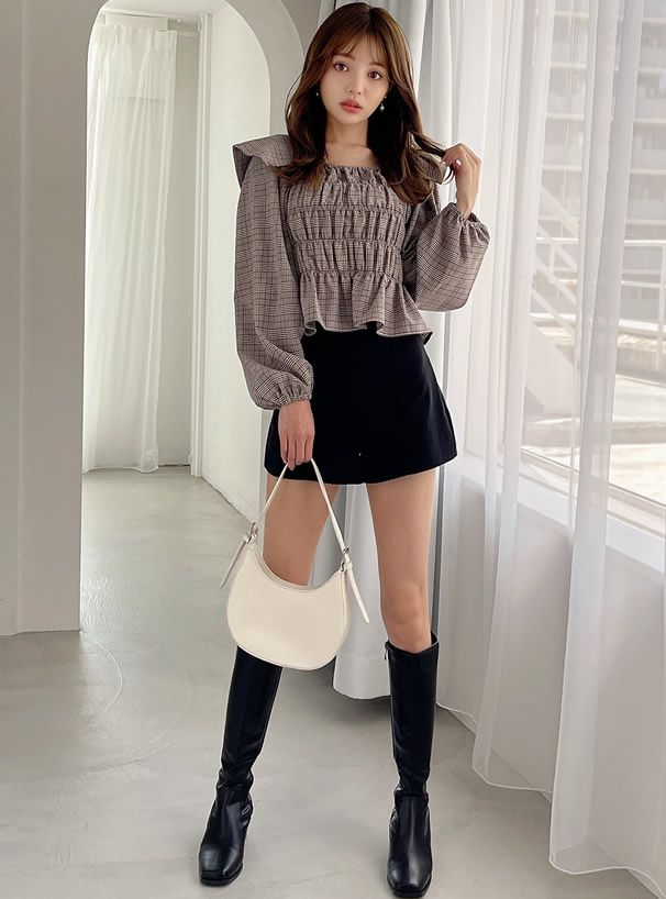 日本 GRL - 復古格紋抓皺長袖上衣-深可可