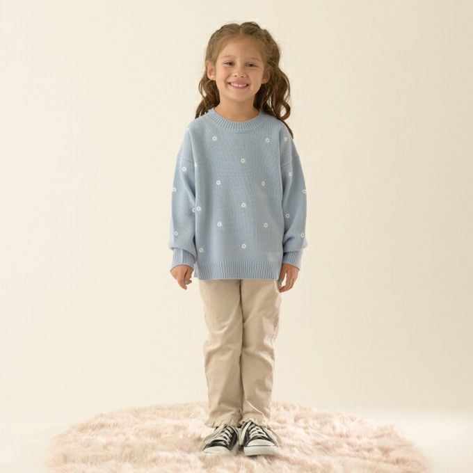 日本 Lycee mine - 可機洗 低調刺繡印花針織上衣-淺藍