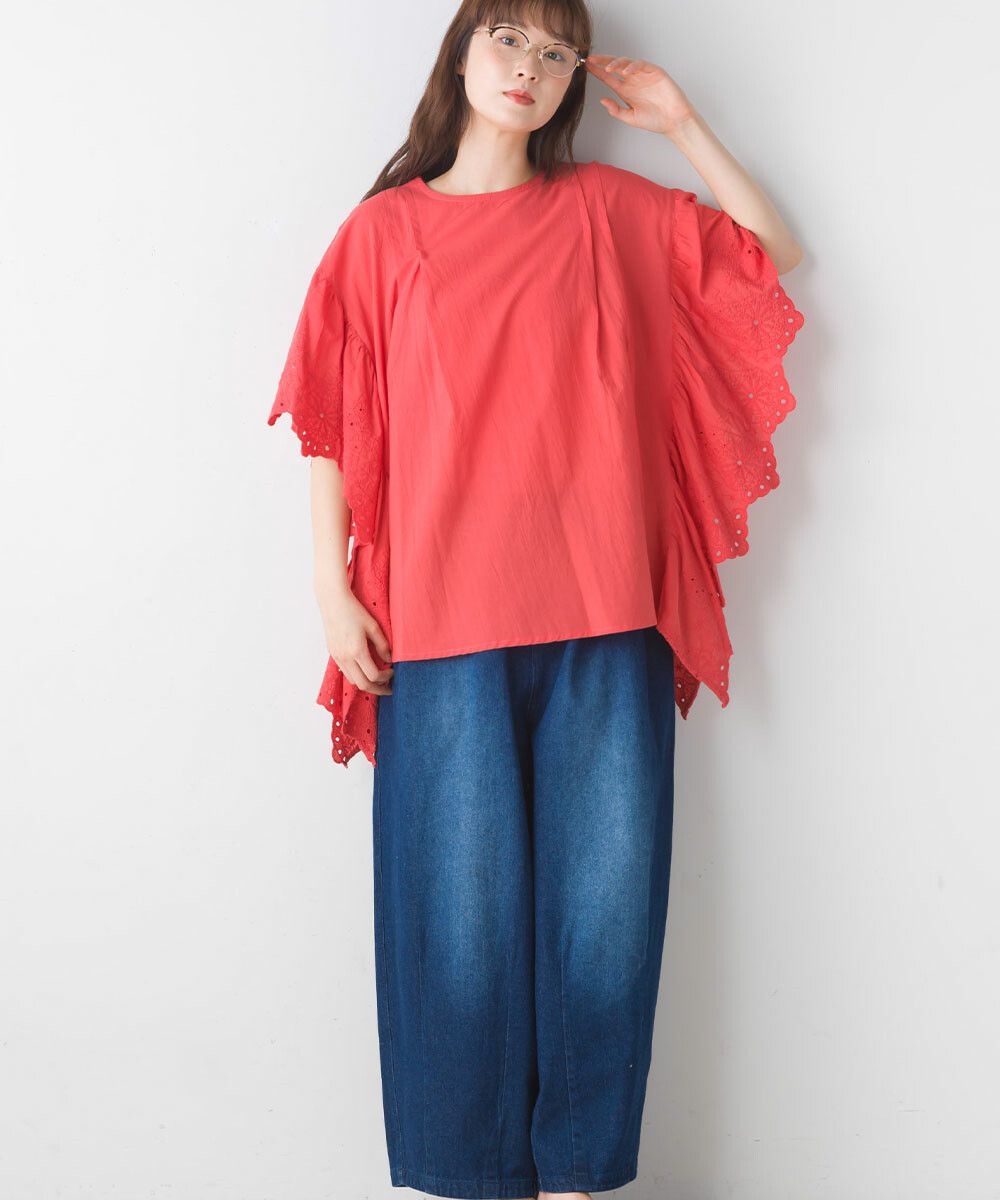 日本女裝代購 - 文藝刺繡大波浪寬鬆短袖上衣-經典黑