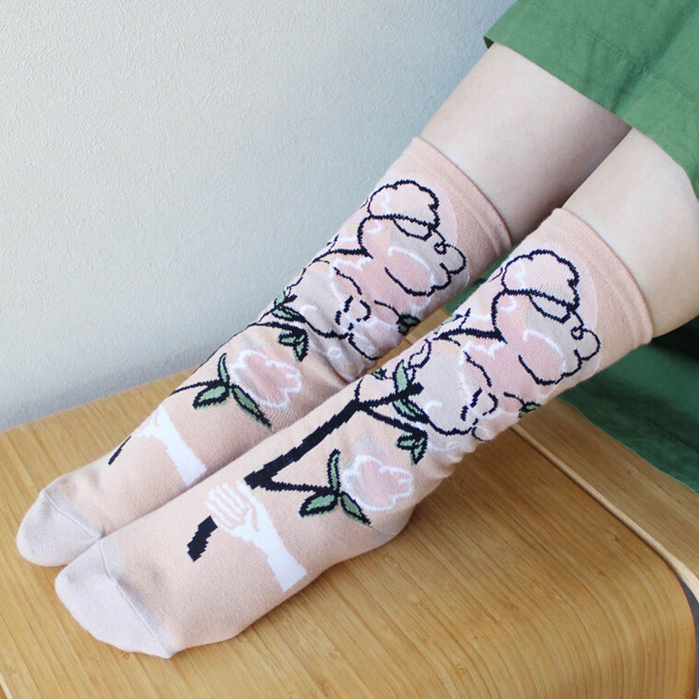 日本製 唯美花卉風長襪-煙之樹-粉紅 (23-25cm)